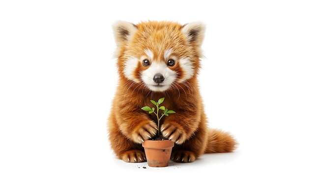 Adorable red panda holding a small plant in a pot