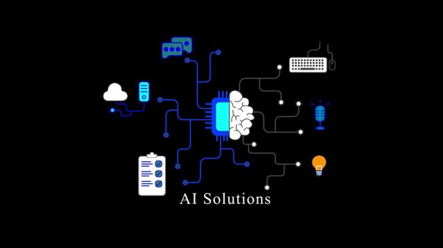 AI solutions concept icon with brain and microchip processor connecting network circuit lines with smart technology system devices data machine learning software professional motion, black background.