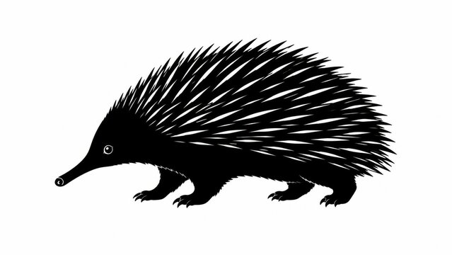 Minimalist echidna silhouette illustration, black and white Australian spiny anteater icon, wild monotreme animal profile on white background