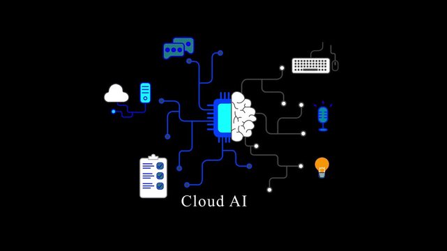 Cloud AI concept icon with brain and microchip processor connecting network circuit lines with smart technology system devices data machine learning software professional motion on black background.