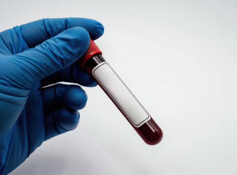 Hand in blue glove holds blood sample test tube with blank label. Medical analysis for disease detection and health monitoring. Diagnostic test for diabetes or infection.