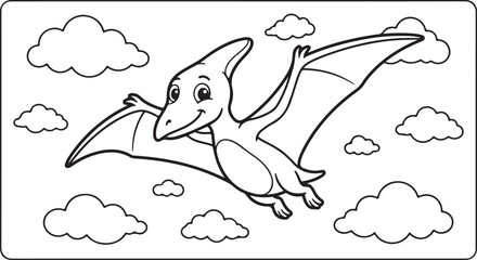 flying pterodactyl, cartoon dinosaur, black and white illustration, coloring book page © Nayeem