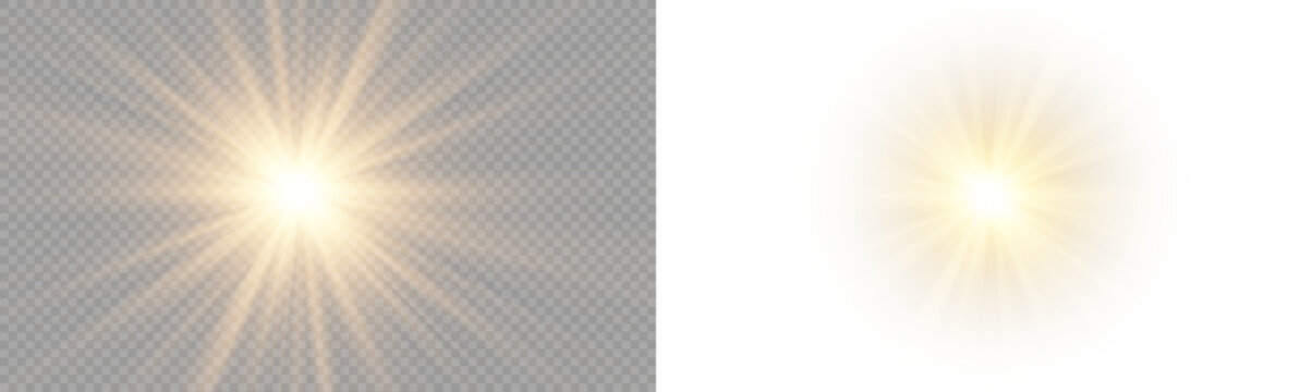 Yellow star flashed with sparkles sun isolated on white background. Soft glow without departing rays, sunlight with lens flare effect. PNG vector light effect