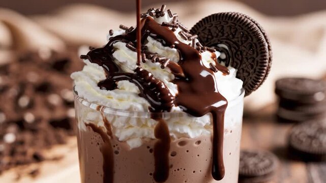 Chocolate milkshake with whipped cream and sandwich cookie in a clear glass