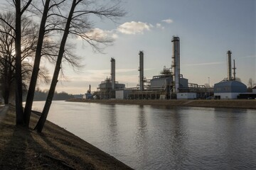 Obraz premium A serene industrial landscape along a calm river features a chemical plant with towering smokestacks and late autumn foliage.