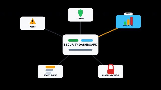 Ideal for cybersecurity websites, presentations, or articles, showcases a comprehensive security dashboard alert system for risk analysis and payment protection.