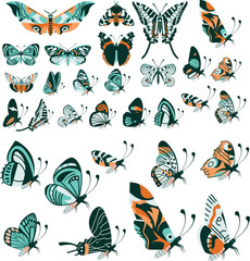 Fototapeta premium Large collection of colorful butterfly and moth vector illustrations isolated on white.Vintage styled decorative insects with turquoise and orange wing patterns for design.