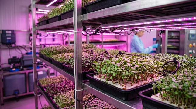 Indoor Microgreens Vertical Farm with LED Grow Lights and Advanced Hydroponic Agriculture Technology