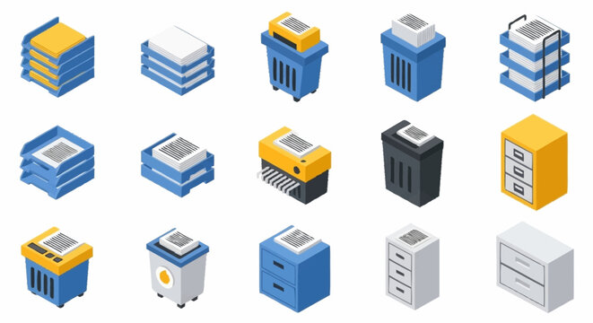 Collection of isometric office supplies including printers, filing cabinets, and paper trays.