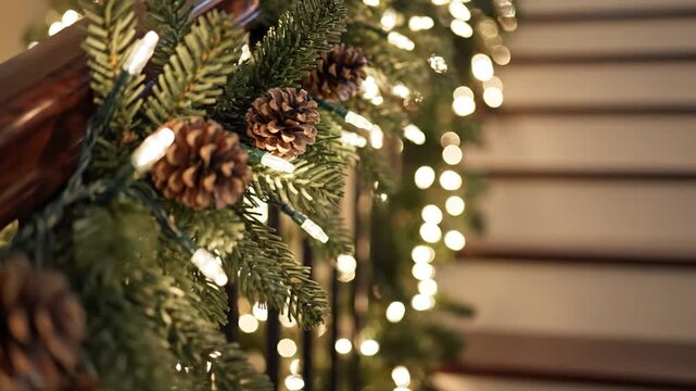 Christmas garland with pine cones and glowing lights on a wooden staircase railing indoors