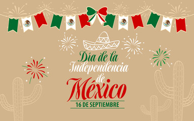 Obraz premium Dia de la Independencia de Mexico typography with Mexican flags fireworks and festive background