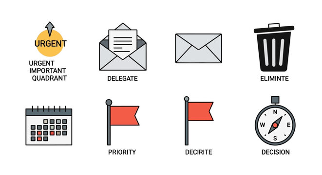 Time Management Icons: Urgent, Delegate, Eliminate, Priority, Decision