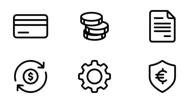 Financial Icons Set: Credit Card, Coins, Document, Exchange, Gear, Shield, Business Finance Symbols