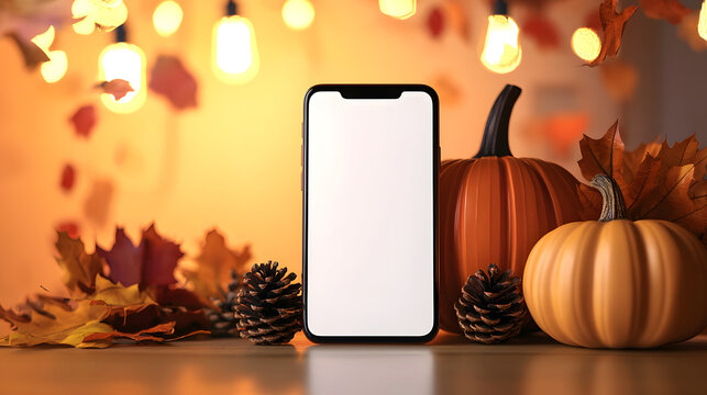 Smartphone with white screen mockup, near pumpkins, pine cones and autumn leaves against the backdrop of lights on an orange background