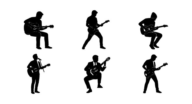 Guitarist Silhouettes Collection, Musician Poses Vector Set, Rock Band Performance Icons, Live Concert Graphic Elements