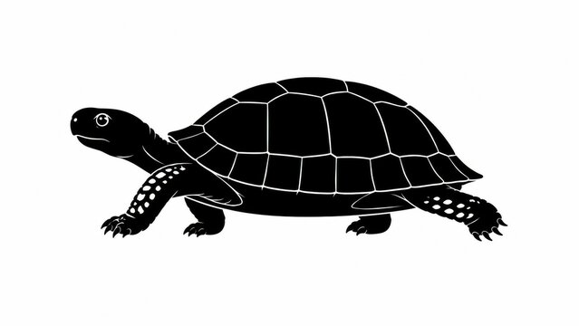 Minimalist turtle silhouette on white background, black tortoise icon with detailed shell pattern, walking land turtle graphic for nature logos