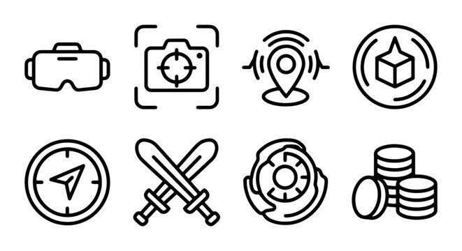 Virtual Reality VR Goggles, Camera Focus, Location Pin, 3D Cube, Compass, Swords, Gear, Coins Icons Set, Technology and Gaming Symbols