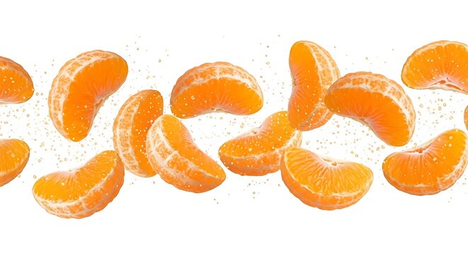 Fresh Mandarin Orange Slices and Tangerine Segments Falling with Juice Splashes Isolated on White Background - Panoramic View of Flying Healthy Citrus Fruit