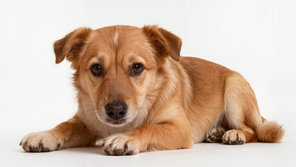 Fototapeta premium Adorable Brown Mixed Breed Dog Lying Down on White Background Looking at Camera