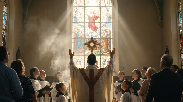 Priest raising monstrance during Ascension Day mass in church. Congregation of woman, man and child praying before stained glass with sunlight. Christian faith and religious ritual worship.