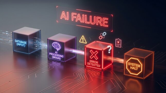 Ai failure concept with system halt error signal on digital circuit board background map.