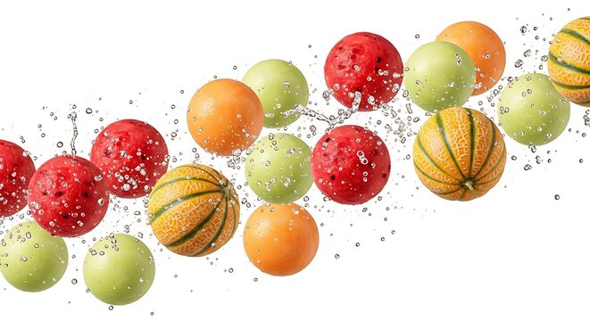 Fresh Mixed Melon Spheres and Watermelon Balls Splashing in Water Isolated on White Background, Healthy Summer Fruit Concept with Water Droplets