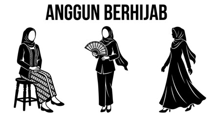 Obraz premium Elegant Muslim women in traditional attire with hijabs in a clean white background vector silhouette