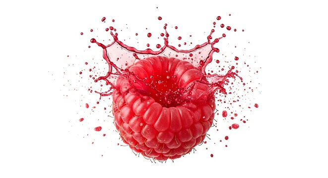 Fresh Raspberry with Red Juice Splash and Droplets Isolated on White Background, Ripe Berry Fruit Explosion for Healthy Drink, Smoothie, or Jam Design