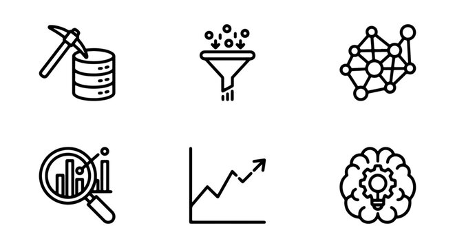 Data Mining Icons, Analytics Symbols, Machine Learning Graphics, AI Brain, Network Node, Magnifying Glass Chart