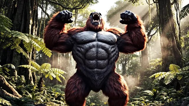 A powerful large primate standing in a dense tropical forest