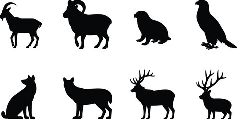 Fototapeta premium Wild Animal Silhouette Icons Set Featuring Goat, Ram, Seal, Eagle, Wolf, Elk, and Reindeer