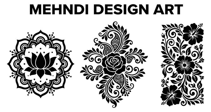 Indian Floral Henna Mandala Patterns in Silhouette Vector Style with White Background