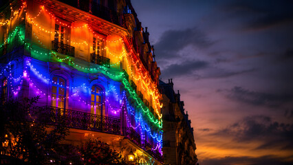 Fototapeta premium Modern City Building Decorated with Rainbow Festoon Lights for Pride Month Celebration