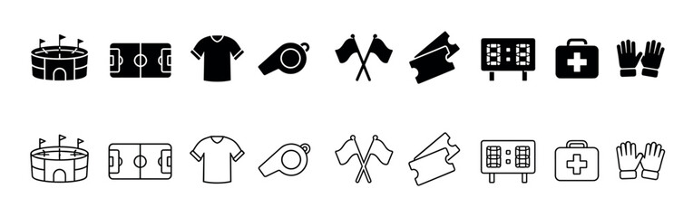 Collection of soccer game icons including stadium, field, jersey, whistle, flags, tickets, scoreboard, and first aid kit © Maureen