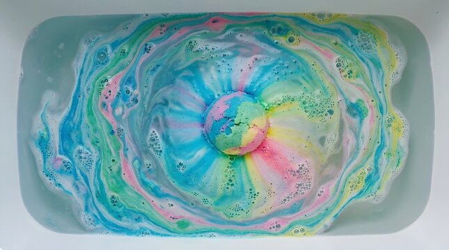 Top view of a colorful bath bomb dissolving in clear water, creating swirls of blue, pink, and green. Bubbles and foam form a beautiful pattern.