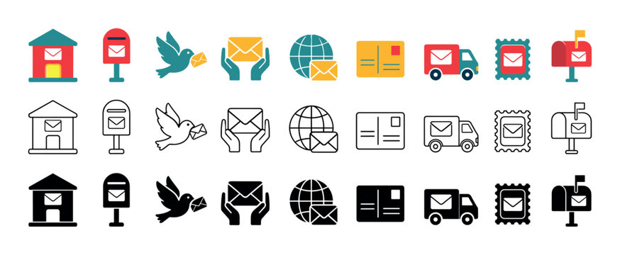 Collection of postal service icons and symbols for mail delivery