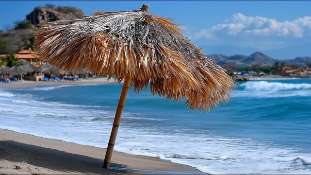 A straw parasol on the seashore with waves in the background &ndash; the perfect backdrop for summer holidays and resort advertising.
