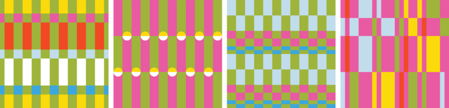 Bold seamless pattern collection with checkered grids, stripes, geometric color-block designs in vibrant dopamine colors. Perfect for Maximalist fabric, wallpaper, stationery and packaging design.