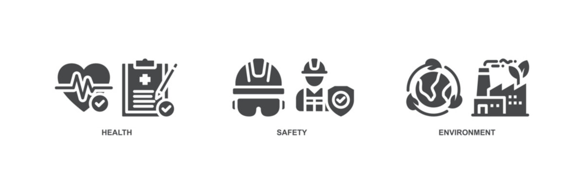 HSE concept icon illustration. Occupational Health, Industrial Safety, and Environment Protection Business Icons.