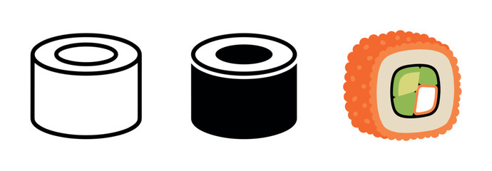 Three sushi roll icons: outline, solid fill, and detailed California roll © Maureen