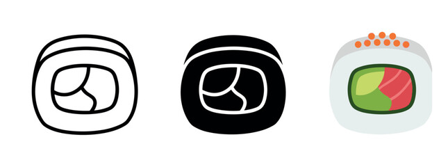 Three styles of sushi roll icons: outline, solid, and colorful with salmon and avocado © Maureen