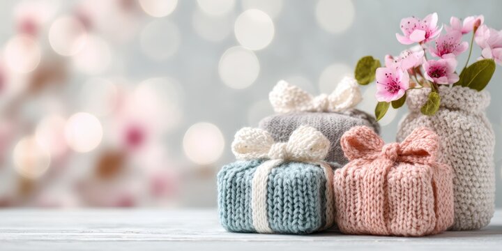 Beautiful knitted gifts decorated flowers on pastel bokeh blur background. Soft floral banner. Cute nice Gift box tied yarn ribbon. Valentine's or Women's holiday. Mother's day present. Greeting card