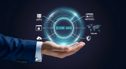 Obraz premium Secure data protection shield and global encryption system for cybersecurity and information privacy management.