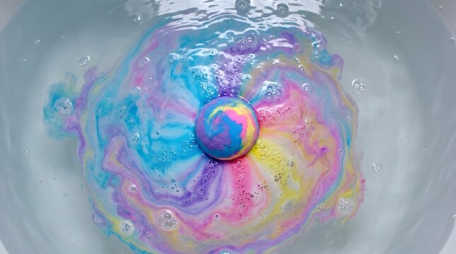 Colorful bath bomb dissolving in water, creating vibrant swirling patterns and bubbles. Top-down view of relaxing bath time with rainbow colors.
