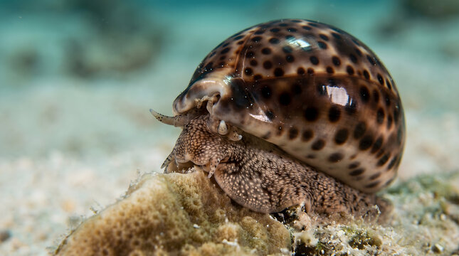 Beautiful Cowrie Snail Crawling Across Reef Surface