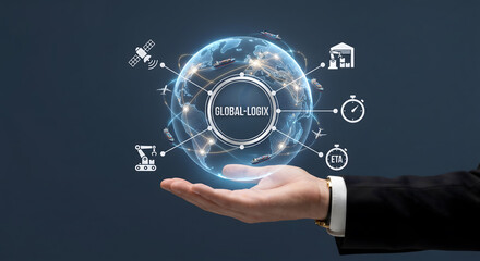 Obraz premium Business professional hand holding virtual hologram of world map with global logix logistics network digital icons.