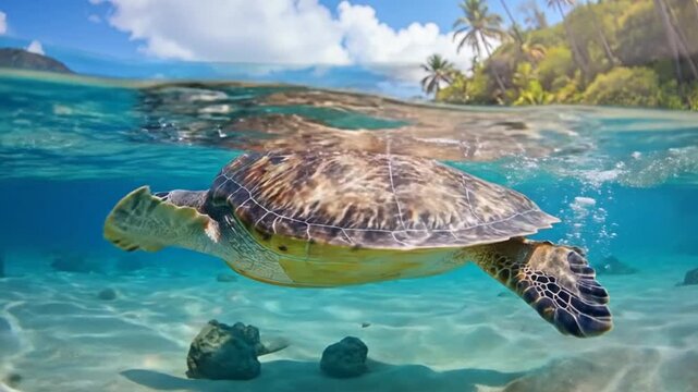 A sea turtle swims in clear tropical waters near a sandy beach