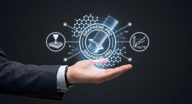 Businessman holding hologram of graphene-pro, representing advanced material science and engineering with molecular structure.