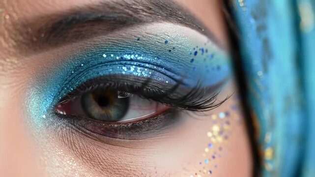 Close up of a woman's eye with artistic blue glitter eyeshadow and long lashes