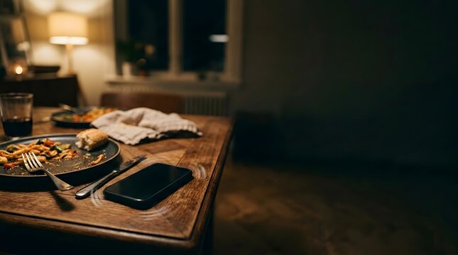 smartphone on dining table beside unfinished meal illustrating digital distraction during dinner and screen addiction lifestyle concept